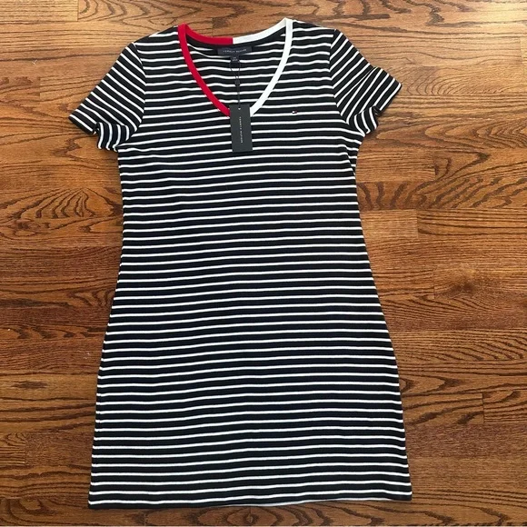 Tommy Hilfiger | Dresses | Nwt Tommy Hilfiger Black White Striped Red Trim  Knit Tshirt Vneck Dress Size L | Poshmark